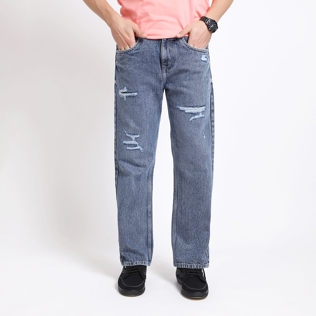 BLUE BAGGY FIT DISTRESSED JEANS TEDDY 4713-2